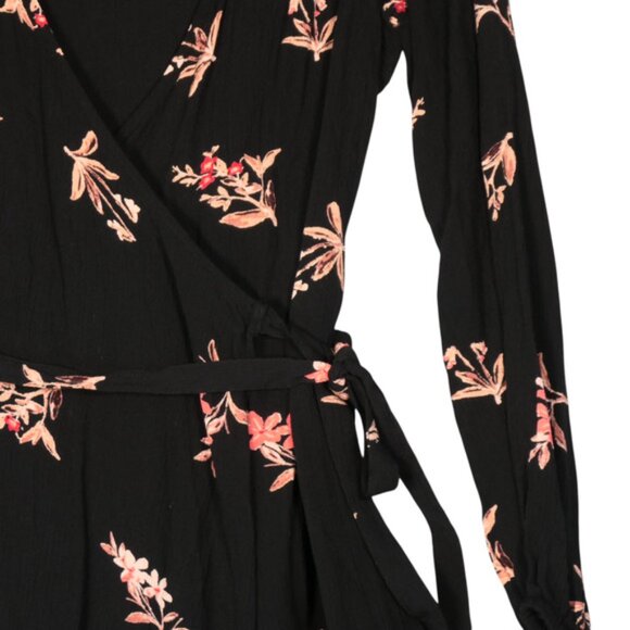 Billabong Mini Wrap Dress Womens Small Black Floral Crinkle Boho Long Sleeve - Picture 4 of 9